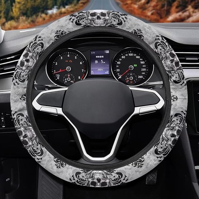 Steering Wheel Protection for Automotive Steering Wheel Covers | Skull Floral Grey, 14-15 In, Sweat Absorption Comfort Grip for Driver Women Men