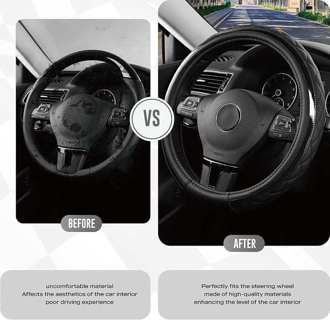 Leather Steering Wheel Cover – Black & Black, Universal Fit 14.5-15 Inch, Microfiber Leather, Anti-Slip & Breathable Design for Men and Women