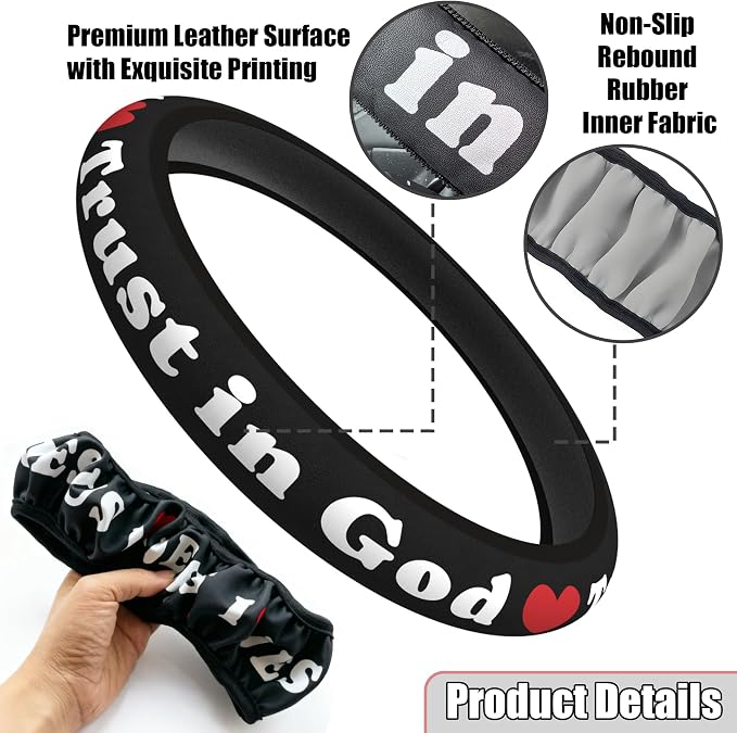 Christian Trust in God Steering Wheel Cover with 2 Coasters, Red & Black PU Leather Anti-Slip Car Wheel Protector, Christian Gifts for Men Women, Universal 15" Fit Cars SUVs Trucks