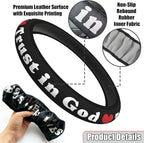 Christian Trust in God Steering Wheel Cover with 2 Coasters, Red & Black PU Leather Anti-Slip Car Wheel Protector, Christian Gifts for Men Women, Universal 15" Fit Cars SUVs Trucks
