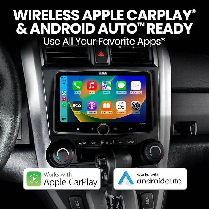 BCPA8 Single DIN Car Stereo Wireless Apple CarPlay, Android Auto, 8 Inch Touchscreen, Bluetooth, AM/FM Radio Receiver
