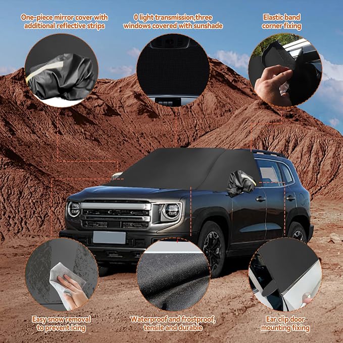 Windshield Window Snow Cover with 2 Hooks and 2 Mirror Covers Ice and Snow Front Window Sunshade Cover Fit for SUVs, Trucks, Cars (Black-SUVs)