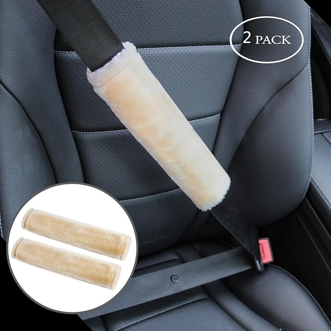 Soft Faux Fur Universal Fit Seatbelt Cover Car Truck SUV Airplane Seat Belt Shoulder Pad for Carmera Backpack Straps Neck Cushion Protector 2 Pack 10.5in Beige