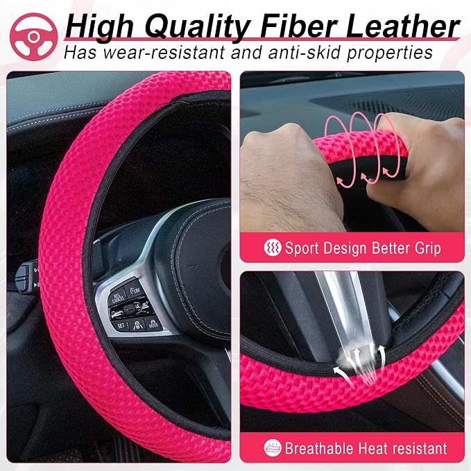 Elastic Stretch Steering Wheel Cover, Universal Interior Accessories Steering Wheel Cover for Women & Men, Breathable Microfiber Ice Silk, Anti-Slip, Odorless, Easy Carry(Rose Red)