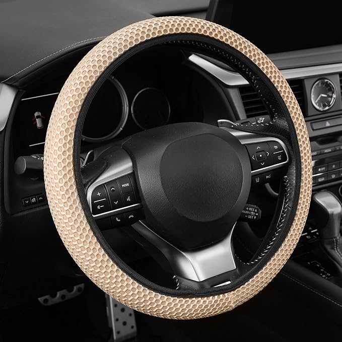 Elastic Stretch Steering Wheel Cover, Breathable Microfiber Ice Silk, Anti-Slip, Car Interior Accessories Fits for 14"-15" Steering Wheel Covers for Women & Men(Beige)