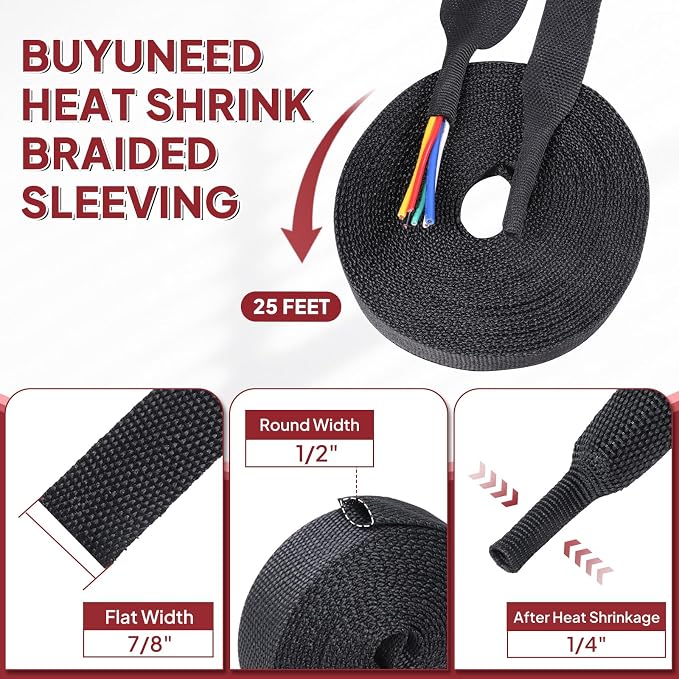 Heat Shrink Braided Sleeving, 2:1 Ratio Shrinkable Fabric Tubing Sleeve Abrasion Protection Cable Wire Sheath (1/2"-25ft)