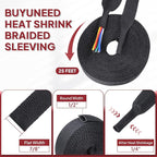 Heat Shrink Braided Sleeving, 2:1 Ratio Shrinkable Fabric Tubing Sleeve Abrasion Protection Cable Wire Sheath (1/2"-25ft)