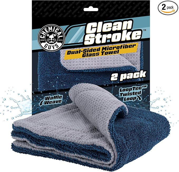 Clean Stroke Dual-Sided Microfiber Glass Towels - 16 x 16 Premium Streak-Free Cloths for Cars, Trucks, SUVs - Scratch-Free, Lint-Free Detailing Towels for Clear Glass & Mirrors (2 Pack)