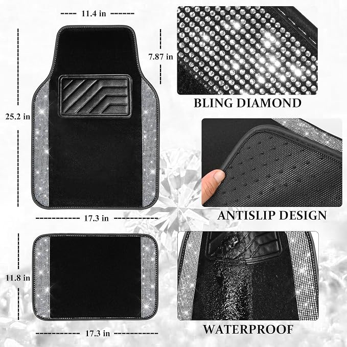 Bling Diamond Leather Steering Wheel Cover 14.5in-15in Floor Mats Shining Rhinestone Carpet Sparkly Glitter Crystal Anti-Slip Pad Fit Automotive SUV Pickup Truck Girl Women, 5pcs Black Sliver