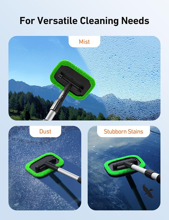 Windshield Cleaner, Microfiber Window Cleaner with 4 Reusable Washable Large Sponge Pads, Extendable 180° Rotating Handle, Fits Cars & SUVs, Includes Spray Bottle, Green