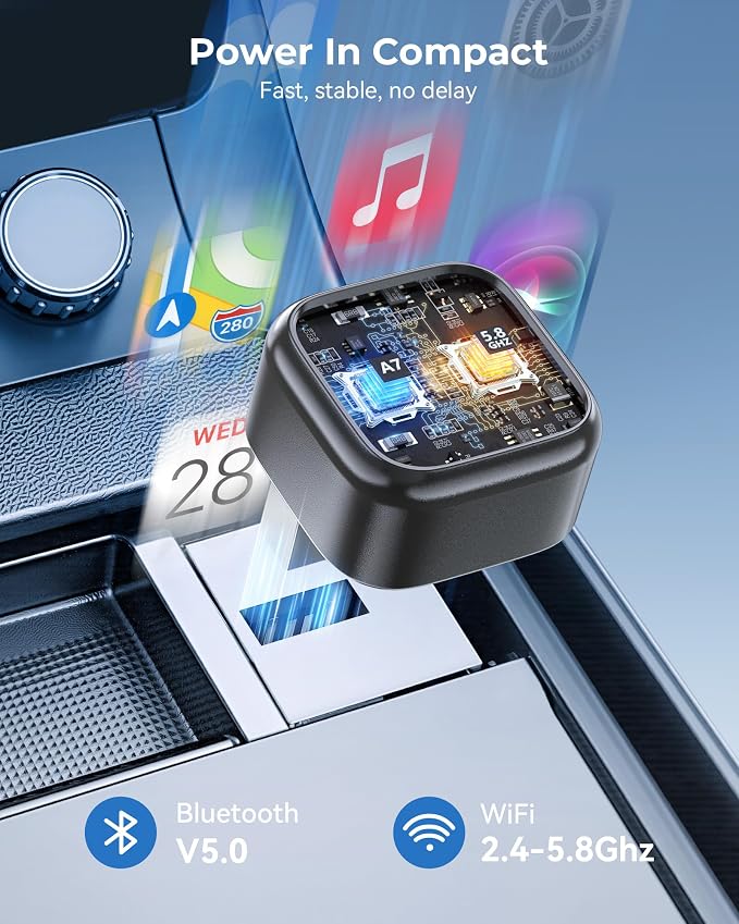 2-in-1 Wireless CarPlay & Android Auto Adapter – Instant Auto-Connect, Low Latency, USB-C & USB-A Compatible for Factory Wired CarPlay Vehicles