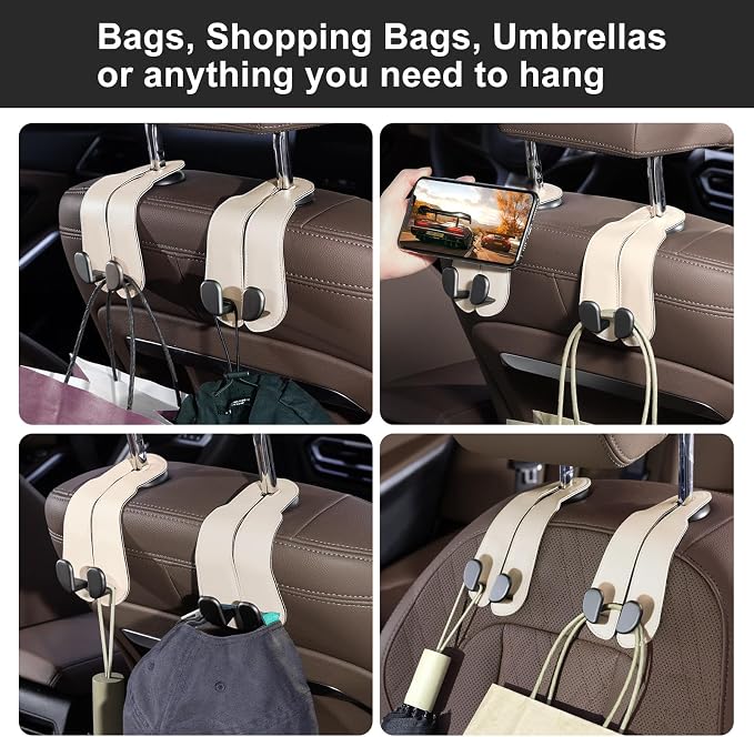 CoBak Purse Hook for Car - Universal Premium Stitched Leather and Aluminum-Magnesium Alloy Double Car Seat Back Storage Hook for Purses, Handbags, Bags (2 Pack),Beige