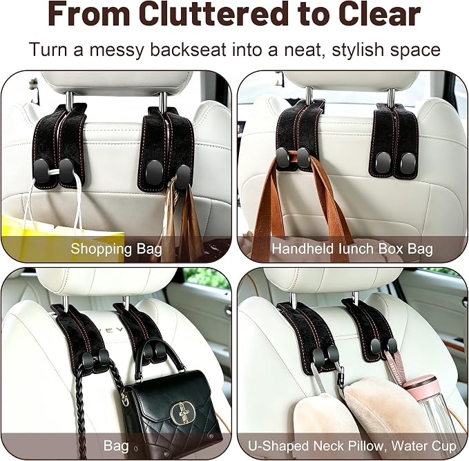 SUKIPIN Car Hooks, Car Seat Headrest Hooks for Purses and Bags 4-Pack Black | Car Accessories for Women, Solid Durable Construction, Quick Tool-free Mounting, Universal Fit for Most Vehicle Headrests