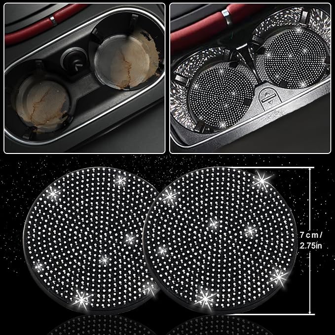 12 Pcs Bling Car Accessories Set for Women Car Floor Mats Full Set Steering Wheel Cover Seat Belt Covers Coasters Universal Fit Car SUV Truck Van Black