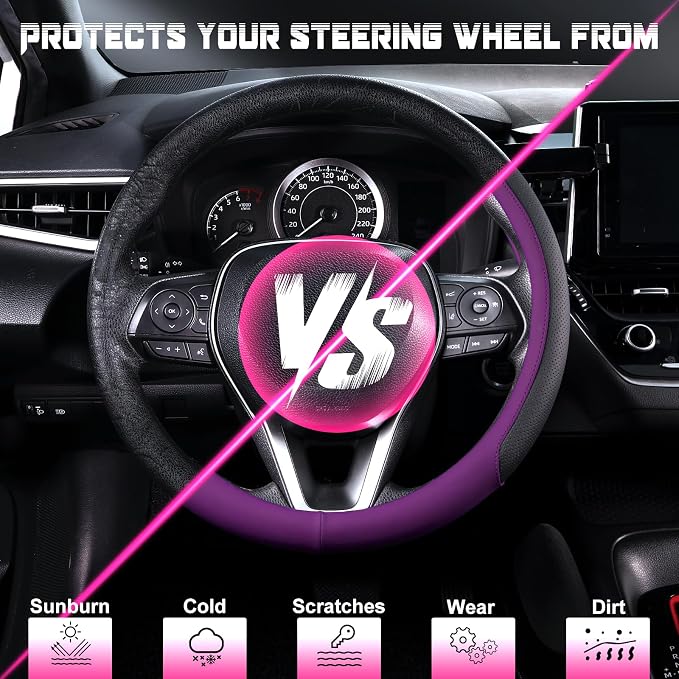Steering Wheel Cover for 14.5-15 inch Wheels, Breathable PU Leather with Perforated Sides, Anti-Slip Grip, Universal Fit for Cars & SUVs, Black and Dawn Purple