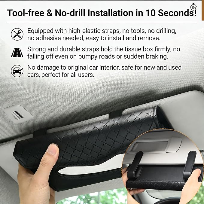 Car Tissue Holder, Car Napkin Holder, PU Leather Auto Visor Tissue Box, Auto Interior Accessories Sun Visor Paper Towel Cover Case Backseat Napkin Organizer for Sedan Truck SUV (Black)