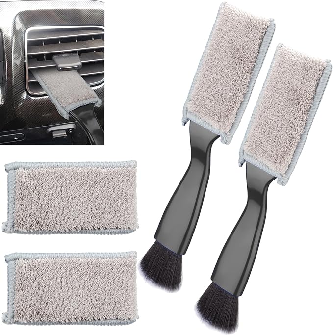 2PCS Double Head Brush for Car Clean, Car Accessories Universal 2 in 1 Car Detailing Brush, Double Ended Portable Dust Brush with 4 Cleaning Cloth, for Air Conditioner Outlets, Dashboard Screen