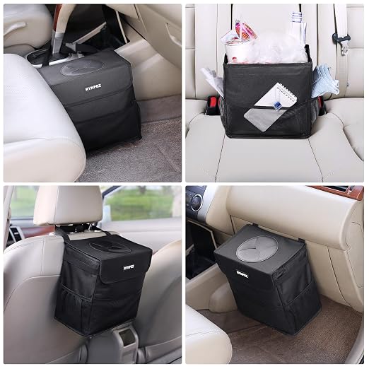 Car Trash Can with Lid - Car Accessories for Women Men, Vehicle Trash Bin Storage Bag, Truck Garbage Can Foldable with Metal Rack Support for Back Seat Hanging (2.4 Gallon/9L)