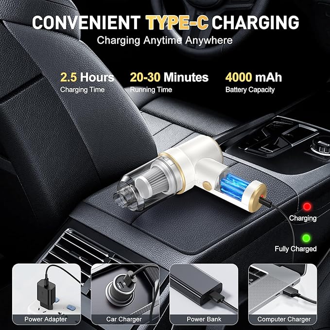 Handheld Car Vacuum Cleaner, 9000PA Vacuum Cleaner & Air Duster, 120W High Power Vacuum Portable Cordless, Hand Held Vacuum Rechargeable with Multi-Nozzles & LED Light for Home, Car, Office