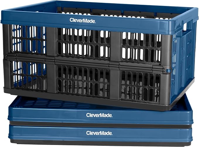 Collapsible Utility Crates, Ocean, 3 Pack, 45L/11 Gal, 66 lbs Capacity, Stackable Containers, Heavy Duty, Space-Saving Baskets,Polypropylene (PP)