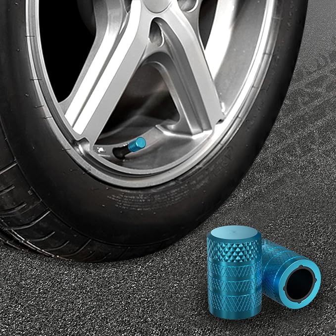 Tire Valve Stem Caps, Cyan, 4 pcs/Pack | Anodized Aluminum Tire Valve Cap Set, Corrosion Resistant, Universal Stem Covers for Cars Trucks Motorcycles SUVs and Bikes