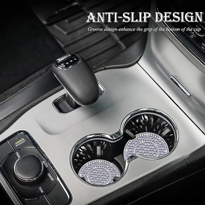 2PCS Bling Crystal Rhinestone Cup Holder Coaster, 2.75 inch Soft Silicone Anti-Slip Shockproof, Car Cup Holder Insert Coasters, Universal Car Interior Accessories for Women (Gray & Colorful)