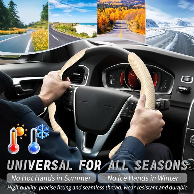 2pcs Car Steering Wheel Cover,Anti-Skid Carbon Fiber Steering Wheel Protector for Men Women,Multiple Color Options,Universal for Most Car Interiors Accessories (Beige)