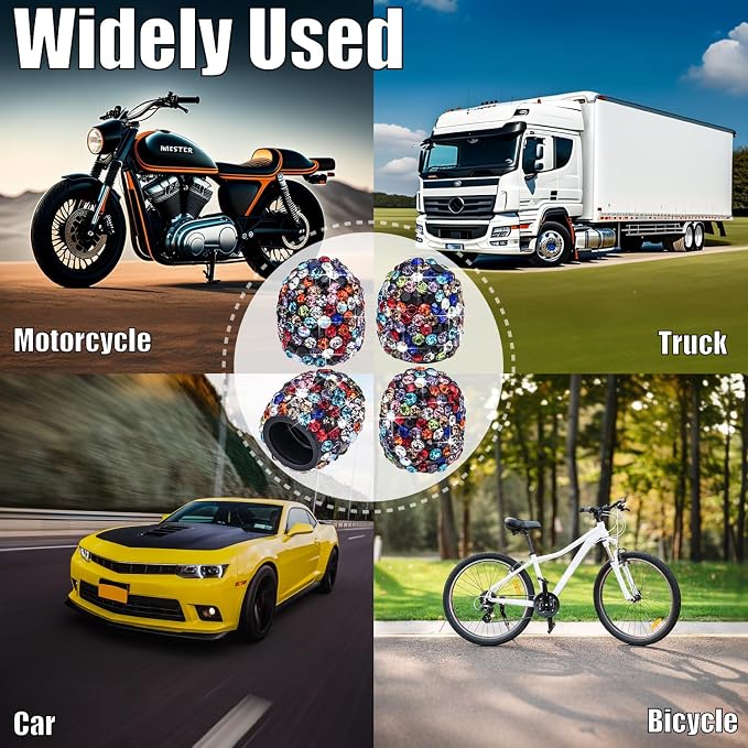 4PCS Bling Crystal Diamond Tire Stem Valve Caps, Dustproof Car Wheel Tire Valve Caps Universal Tire Valve Stem Covers for Cars, SUV, Trucks, Bikes, Motorcycles, Bicycles (Black Colorful)