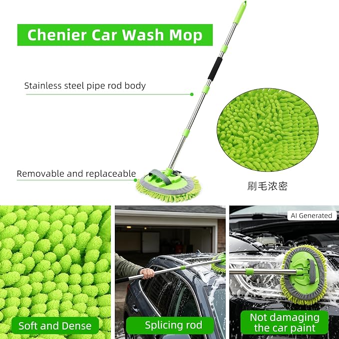 2 Pack 62" Car Wash Brush with Long Handle, Chenille Microfiber Car Wash Mop Mitt, Scratch-Free Soft Bristles Brush, Windshield Window Squeegee, Car Cleaning Kit Supplies for Car,Truck,SUV,RV,Boat