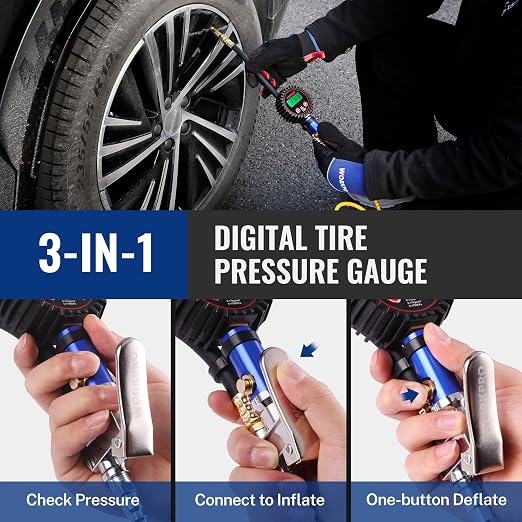 12PCS Digital Tire Pressure Gauge with Inflator, 250 PSI, Heavy Duty Air Compressor Attachments with Storage Bag, Tire Gauge with Brass Air Chuck and Rubber Hose for Vehicles and Inflatables