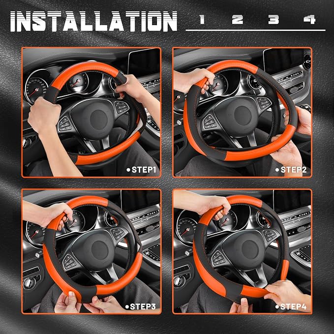 Steering Wheel Cover for Car, Standard Size 14.5-15 inch, Auto Interior Accessories, Black and Orange