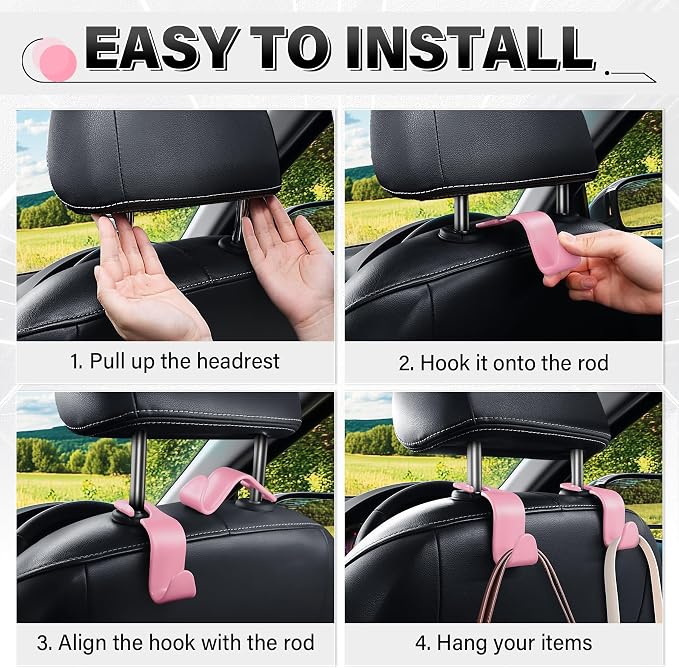 4 Pack Car Seat Headrest Hooks, Vehicle Back Seat Hanger Storage Organizer for Purse Handbag Backpack Coat Grocery, 360° Rotating Heavy Duty Holds 44lbs, Pink
