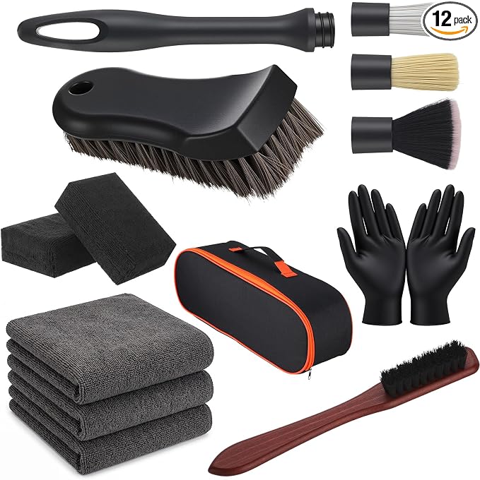 12PCS Car Cleaning Kit, Leather Brush Car Detailing Interior Set, Horsehair Seat Brushes, Auto Detail Brush, Microfiber Towels, Applicator Pads & Storage Bag, Automotive Supplies