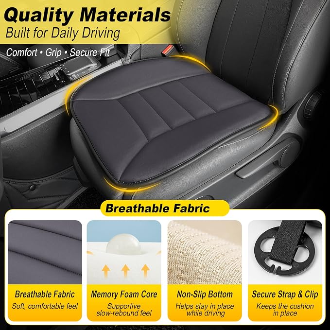3-Piece Car Seat Cushion Set, 1.2inch Memory Foam Comfort, 2 Front Automotive Seat Cushions + Rear Bench Cushion, Non-Slip Bottom, Fits Sedan SUV Truck Van, Car & Office Chair, Dark Grey