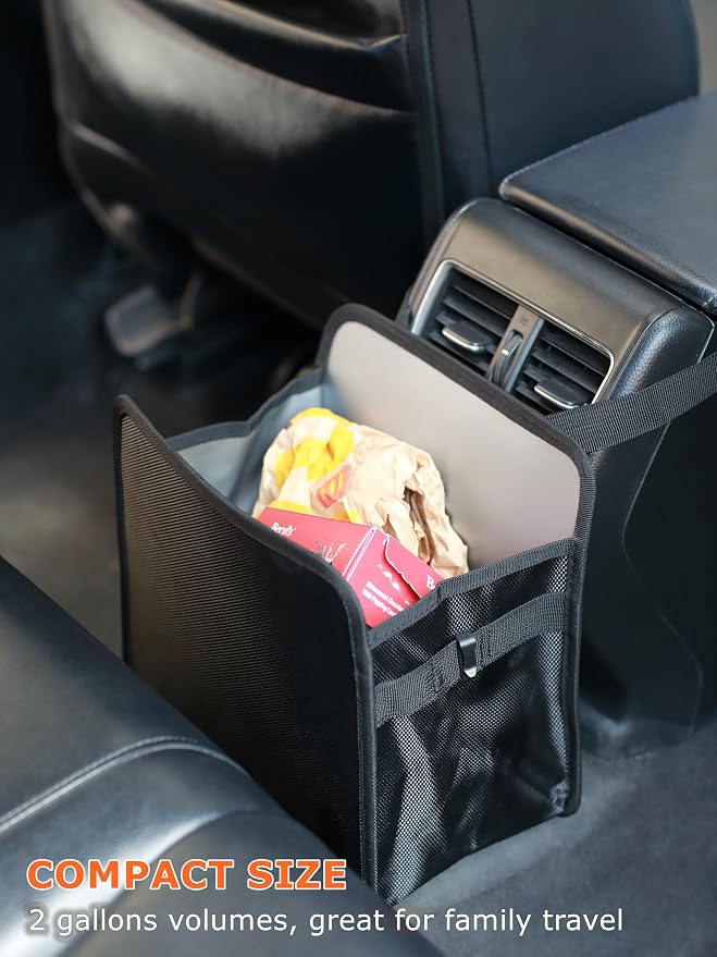 2 Gallons Open-Top Car Trash Can, Hanging Leakproof Car Trash Bag with Water-proof PEVA Liner, Stand Trash Bag for Cars Foldable Automotive Garbage Can for Cars SUV Truck RV Black