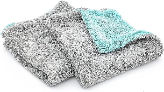The Liquid8r, Absorbent 70/30 Blend Microfiber Drying Towel for Cars, Trucks, and SUVs, Safe for Detailing, Scratch-Free, Twist Loop, 1100 GSM, 16x16 Inches, Aqua Blue/Grey, 2-Pack