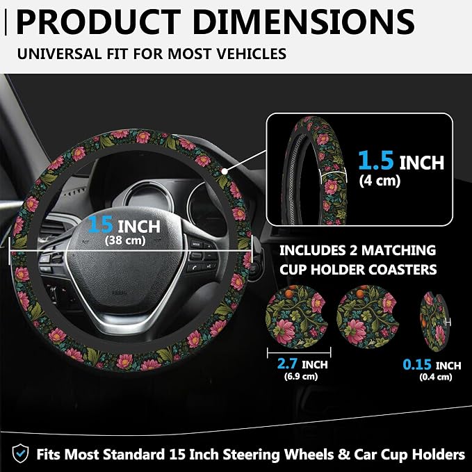 Vintage Botanical Peony Floral Steering Wheel Cover for Women, Anti-Slip Car Steering Wheel Cover with 2 Pcs Cup Holders Neoprene Breathable Car Accessories Universal 15 Inch Auto Interior Decor
