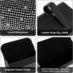 Bling Sunglasses Holder for Car Sun Visor, Sparkling Auto Glasses Clip Case Eyeglasses Protective Box, PU Leather Car Sunglass Storage Organizer for Truck, SUV, RV (Black Crystal)
