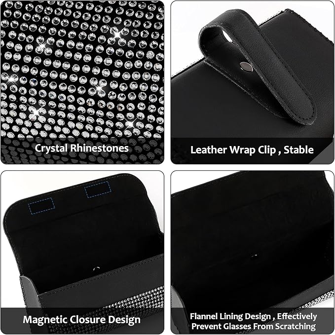Bling Sunglasses Holder for Car Sun Visor, Sparkling Auto Glasses Clip Case Eyeglasses Protective Box, PU Leather Car Sunglass Storage Organizer for Truck, SUV, RV (Black Crystal)