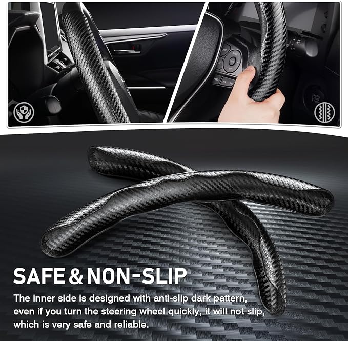 Carbon Fiber Steering Wheel Cover - Anti-Slip, Steering Wheel Cover for Men/Women - Durable, Universal Car Accessory (Black)