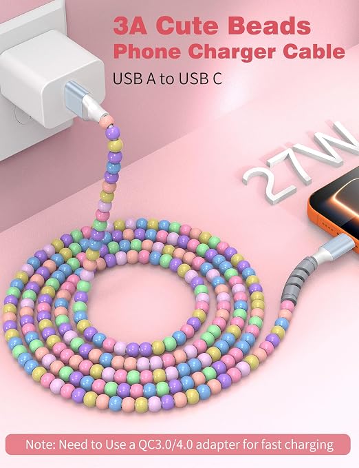 USB A to USB C Cable 3FT,Beaded Phone Charger Cord for iPhone 17 16 Pro Max 17e 15 Car play,Type C Cute Car Charger Charging Cord for iPad 10 11th A16/Samsung S26 S25 S24 S23/Pixel/Android Girls Women