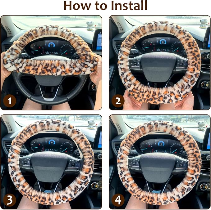 Fluffy Car Steering Wheel Cover, Universal Fuzzy Wheel Cover 14 1/2-15 & Handbrake Cover & Gear Shift Cover Set, Anti-Slip Leopard Warm Fur Vehicle Wheel Protector Car Accessories for Men Women