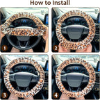 Fluffy Car Steering Wheel Cover, Universal Fuzzy Wheel Cover 14 1/2-15 & Handbrake Cover & Gear Shift Cover Set, Anti-Slip Leopard Warm Fur Vehicle Wheel Protector Car Accessories for Men Women