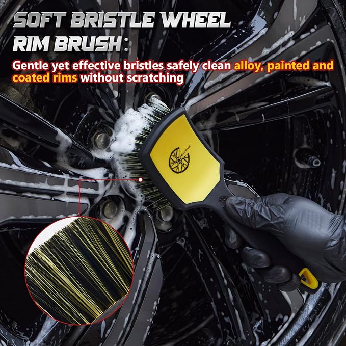 Wheel & Tire Brush Set, 2 Pack Car Wheel Brush & Tire Cleaner Brushes, Soft Bristle Rim Brush and Stiff Tire Scrub Brush, Scratch-Free Wheel Cleaning Kit for Car Detailing, Trucks, SUVs