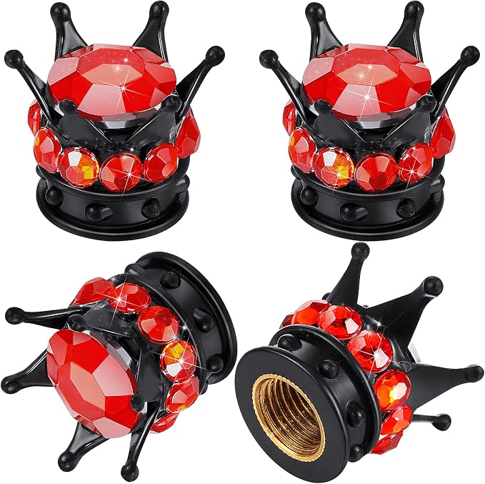 4 Pieces Crown Tire Valve Stem Caps Bling Handmade Crystal Rhinestone Universal Chrome Crown Vehicle Car Tire Caps Covers, Attractive Accessories for Car (Red and Black)
