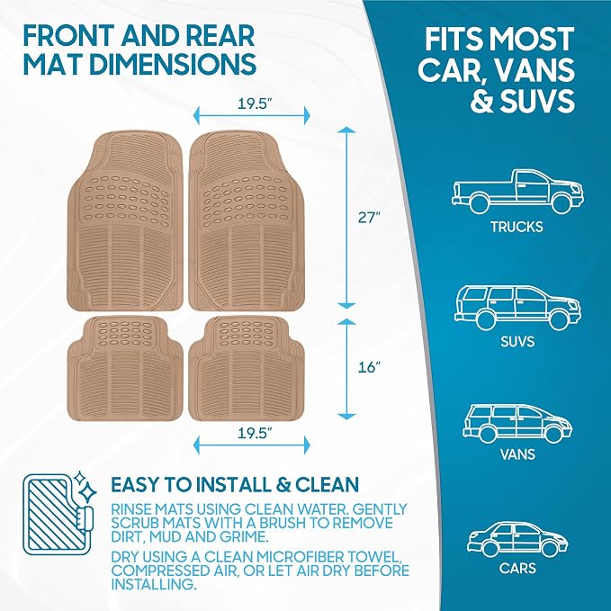 ProLiner Floor Mats for Cars Trucks SUV, 4-Piece All-Weather Car Mats with Universal Fit Design, Durable Car Floor Mat with Capture Ridges, Waterproof Rubber Floor Mat for Cars (Beige)