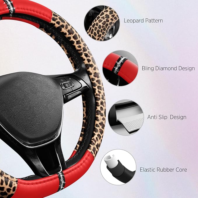 Leopard Steering Wheel Cover for Women, Cute Anti-Slip Microfiber Leather, Fits D Shape Flat Bottom Steering Wheel 14.5-15 Inch - Red