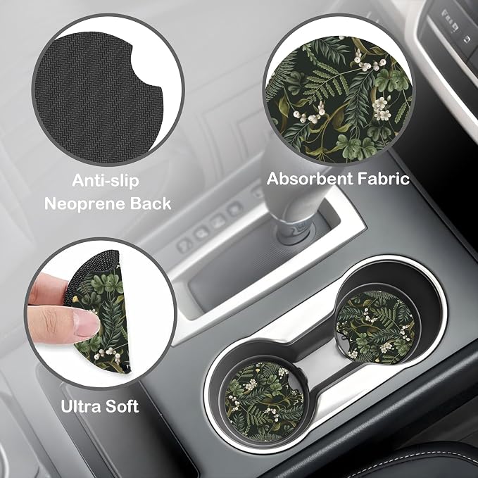 Botanical Flowers Berries Leaves Steering Wheel Cover for Women, Anti-Slip Car Steering Wheel Cover with 2 Pcs Cup Holders Neoprene Breathable Car Accessories Universal 15 Inch Auto Interior Decor