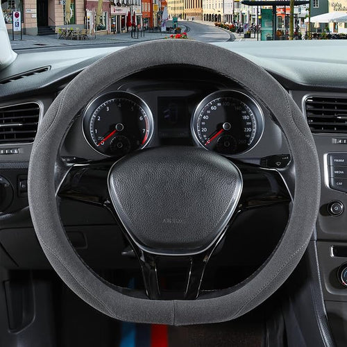 14 inch Gray Suede D Shaped Steering Wheel Cover, Breathable Non-Slip Sweat-Proof Wear-Resistant No Pilling, Warm in Winter and Cool in Summer