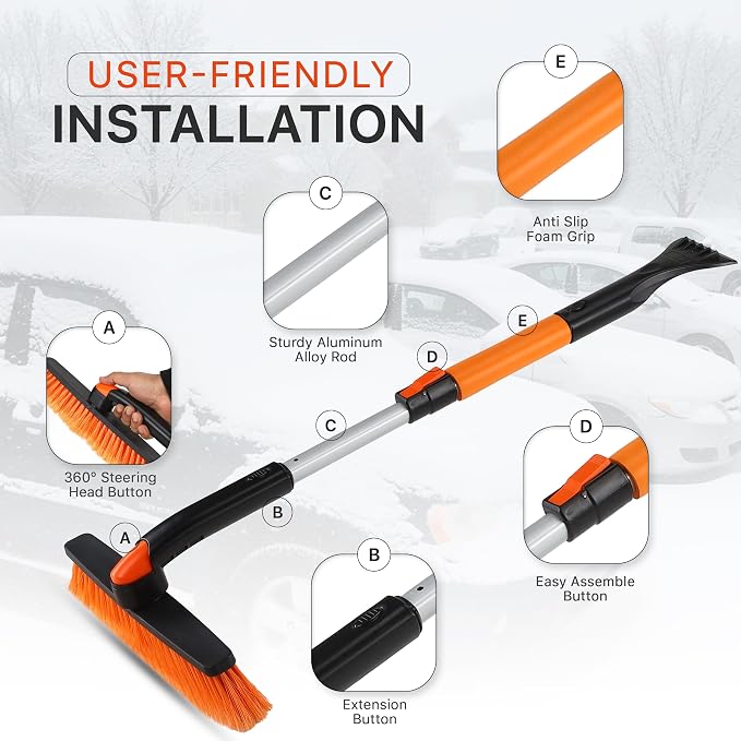 31" to 37” Extendable Snow Brush for Car and Ice Scrapers for Car Windshield, 360° Rotation Brush Head Snow Broom for Truck and SUVs with Ergonomic Foam Grip